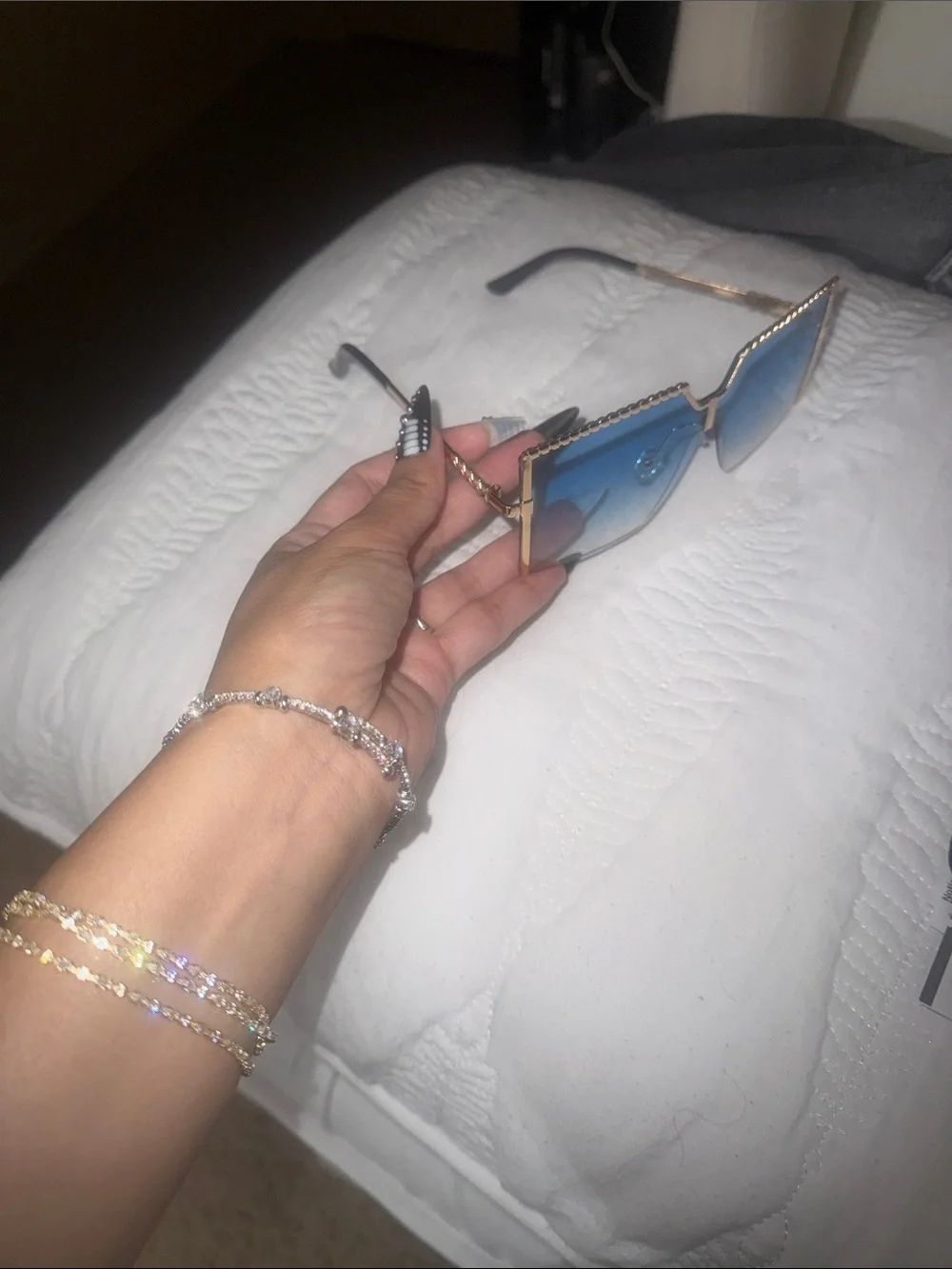 Gold Frame Blue Gradient Rimless Shield Sunglasses